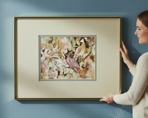 Barbara N Stoll Watercolor Print Cardinals Leaves signed Goldtone medtal frame